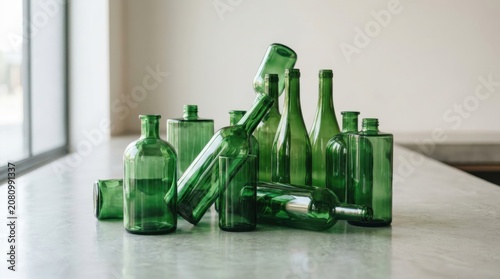 Green glass bottles arranged abstractly glass, transparent, reflective, translucent, minimal design, clean surface, modern