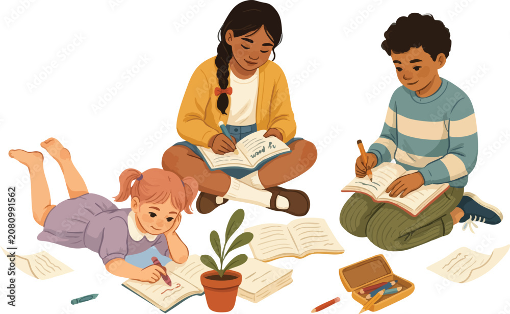 Fototapeta premium Watercolor Children studying and drawing outdoors together