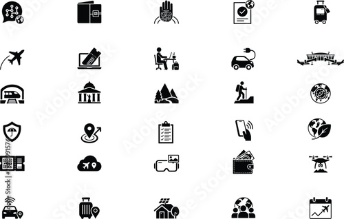 Travel Technology and Smart Tourism Black Glyph Vector Icon Collection Set