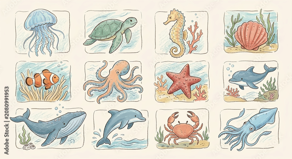 Obraz premium Collection of cute sea animals in individual hand-drawn style frames.
