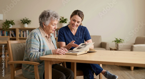 Senior woman participating in reminiscence therapy with therapist. Elderly patient looking at photo album for cognitive rehabilitation. Alzheimer's and dementia care concept