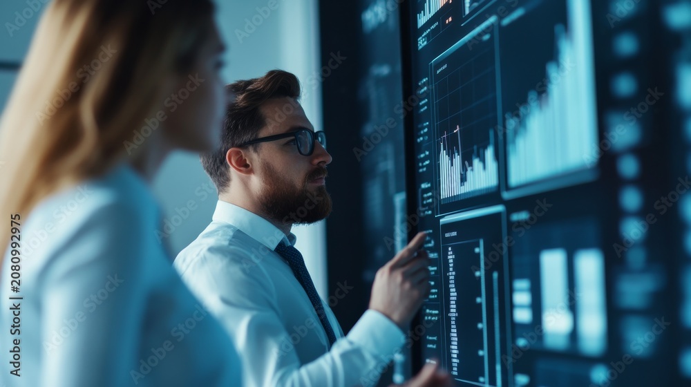 Fototapeta premium A man with a beard and glasses and a woman (out of focus) looking at a large digital screendashboard with charts and data. Side profile of the man, shallow depth of field (bokeh effect