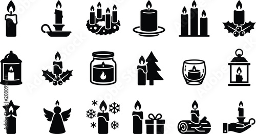 Bild auf Leinwand Silhouette of various Christmas candle icons in black on white background for ho