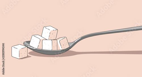 Clean illustration of a metal spoon holding a small pile of white sugar cubes on a simple light pink background.