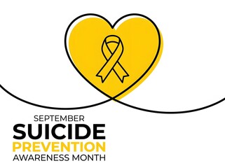 Suicide prevention awareness month graphic with yellow heart and ribbon illustration