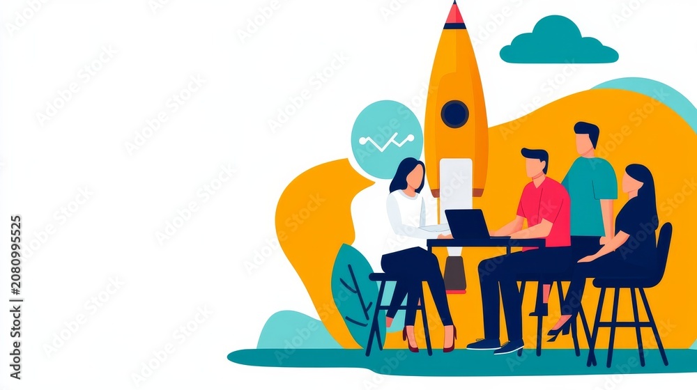 Fototapeta premium Input An illustration showing a group of people (a team) sitting around a table with a laptop, with a large rocket in the background. The style is flat illustration, bright colors