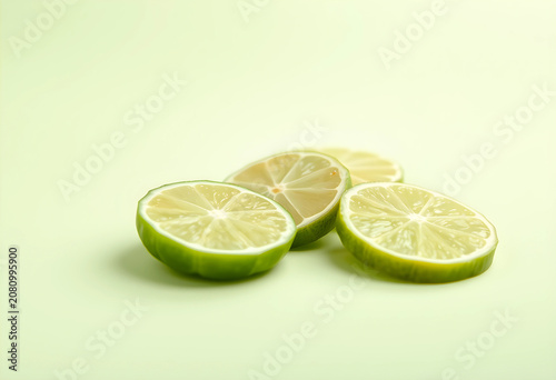 Three fresh lime slices on light green background