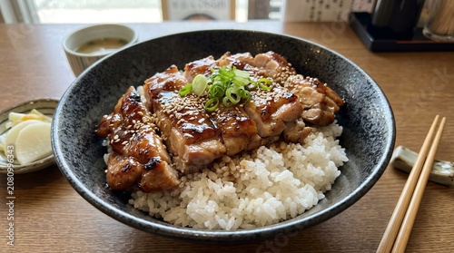 Grilled teriyaki chicken thighs served with steamed white rice and garnish.