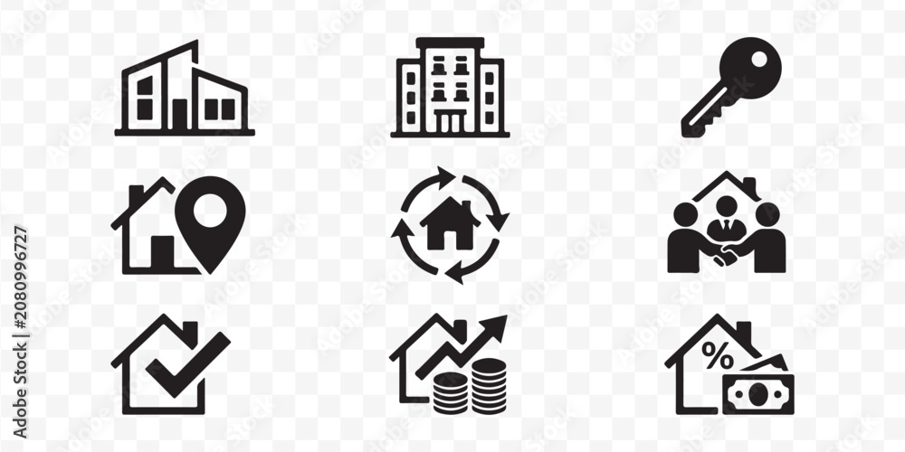 Fototapeta premium Set of Real Estate and Property Icons Representing Housing and Business Transactions in a Minimalist Black Graphic Style
