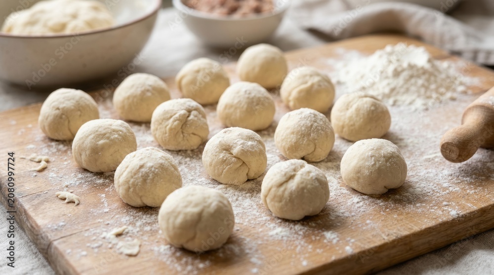 Fototapeta premium Freshly prepared homemade dumplings ready for cooking on wooden board.