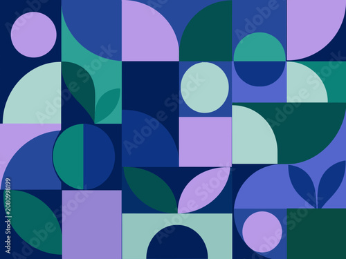 Geometric abstract pattern with circles, squares, and arcs in cool tones