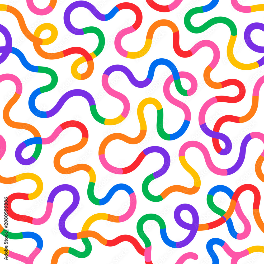 Fototapeta premium Vibrant rainbow colored wavy lines forming a playful abstract seamless pattern