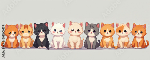 Nine cute cartoon kittens sit in a row, each with unique fur colors and big eyes. These adorable pets look forward happily. The illustration features friendly small animals with playful expressions.