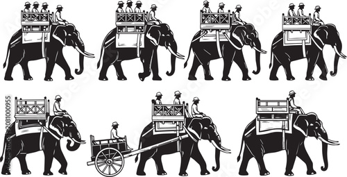 Obraz na płótnie Elephants with riders in procession during daylight with a simple vector style