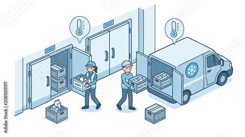 Tableau sur toile Cold chain logistics workers loading dairy and medicine into refrigerated van