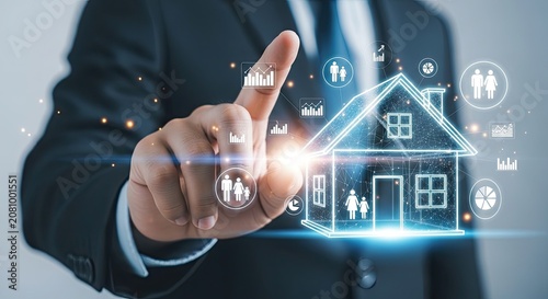 Real estate investment technology digital house with data analytics interface