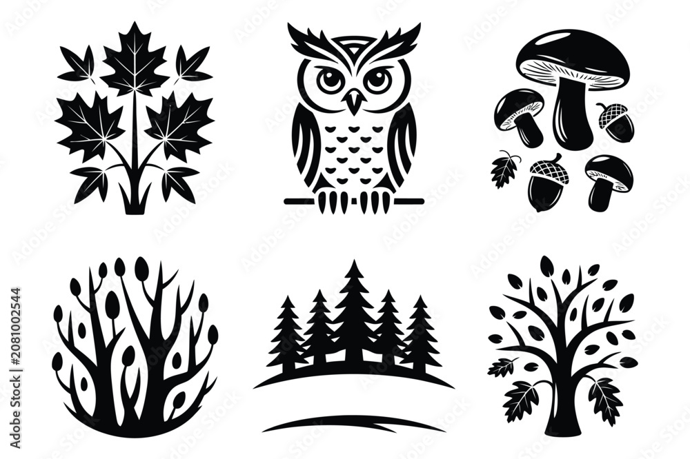 Fototapeta premium Nature and forest element icon set with mushroom woodland wildlife environment