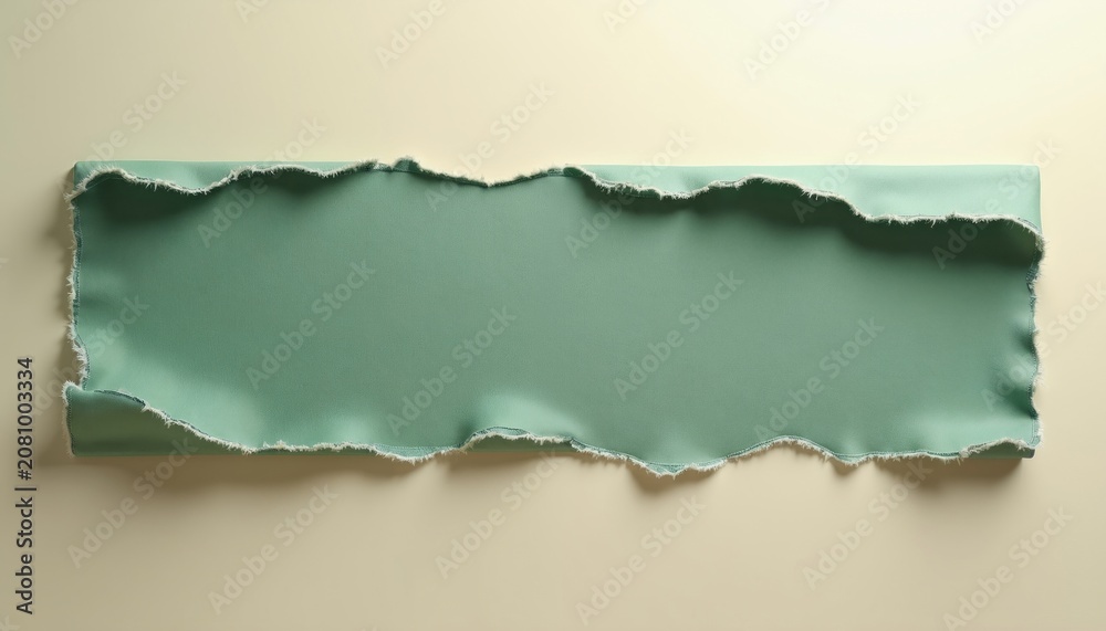 Fototapeta premium Sage green fabric with torn edges sits on light beige surface. Material soft sheen creating subtle highlights, shadows. Rough, frayed border offers contrasting visual element. Background minimal,