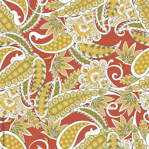 Madhubani, Kalamkari, Chinz, and Kani seamless pattern. Shirting fabric, Ajrakh and Ikat styles. Patola backdrop. Vector Floral allover design