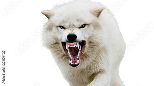 Konstfotografi Furious white wolf snarling with bared teeth, isolated on transparent background