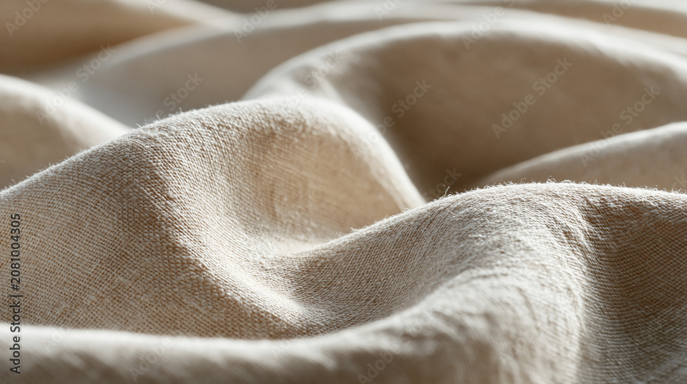 Fototapeta premium Natural unbleached linen fabric stretched over a frame catches warm noon window light, revealing subtle warp-and-weft grain perfect for organic textile brands, slow-fashion