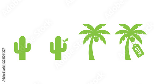 Green Cactus And Palm Tree Silhouettes With Sale Tag Flat Vector
