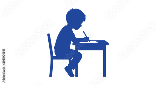 Child studying at desk silhouette against a white background