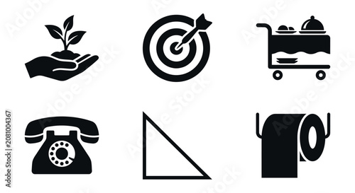 Six Black Silhouette Icons On White Background Plant Target Cart Phone Triangle And Roll