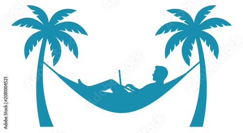 Person In Hammock Between Palm Trees Teal Silhouette On White Background