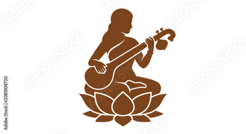 Musician playing sitar on lotus flower brown silhouette on white background