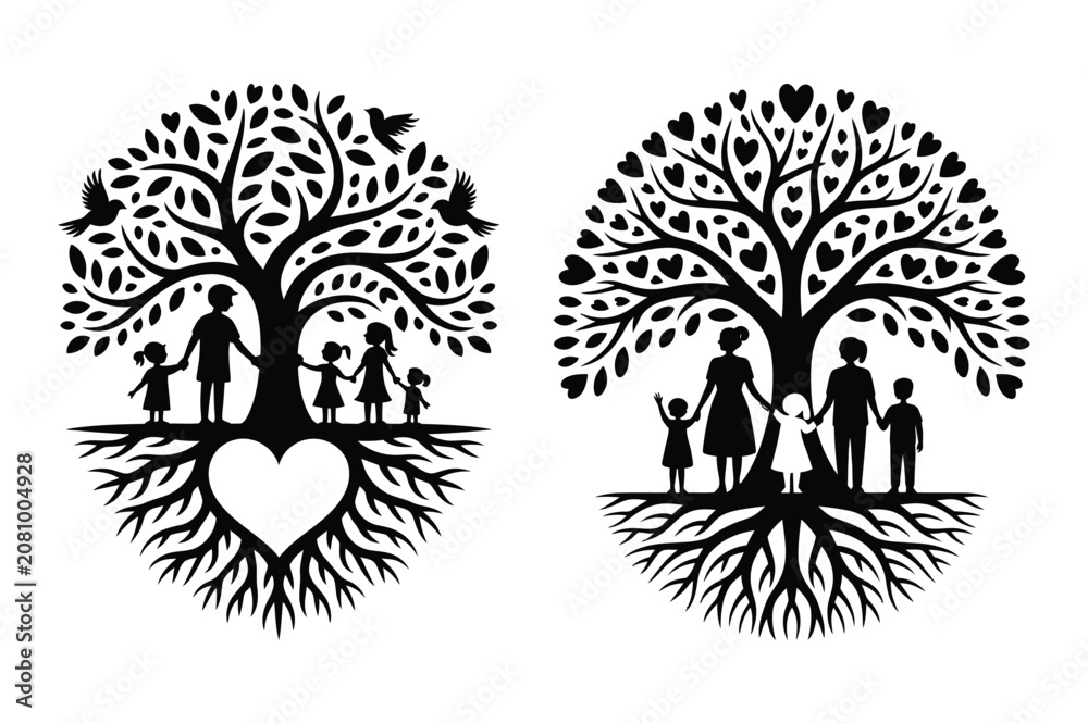 Fototapeta premium Family tree silhouette icons with heart and roots design silhouette generation