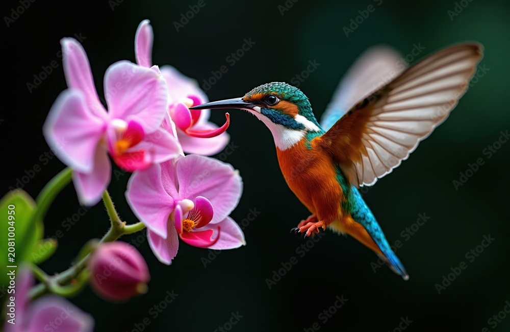 Fototapeta premium Tiny hummingbird hovers near pink orchid flowers. Bird drinks nectar with long beak. Delicate wings flutter fast. Nature scene shows wild fauna.