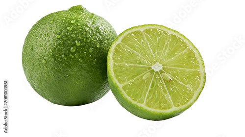 Whole green lime with water droplets, and half lime slice isolated on transparent background