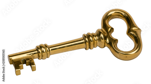 Ornate antique brass skeleton key with decorative bow, isolated on transparent background