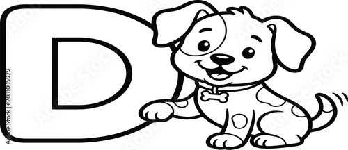Letter D for Dog Coloring Page for Kids Alphabet Learning Worksheet, Cute Puppy with Letter D Educational Coloring Book Page for Children
