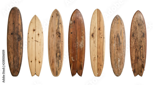 Vintage wooden surfboards white background isolated on a transparent background retro