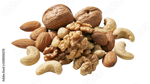 Cuadro en lienzo Pile of assorted nuts including walnuts almonds and cashews, isolated on transpa
