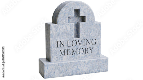 Bild auf Leinwand Granite tombstone with carved cross and In Loving Memory inscription, isolated o