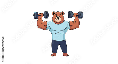Anthropomorphic muscular bear in a blue t-shirt successfully lifts heavy dumbbells to demonstrate strength and fitness.