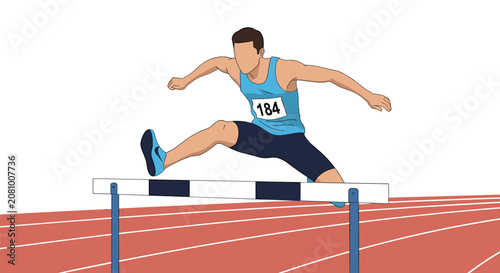 Professional athlete in a blue tank top and number tag successfully jumps over a black and white hurdle on a running track.