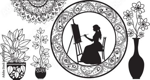 Valokuva Silhouette of an artist painting at an easel within an ornate circular frame sur