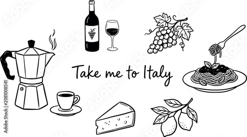 Foto Set of handdrawn italian food and drink elements, including coffee maker, wine,