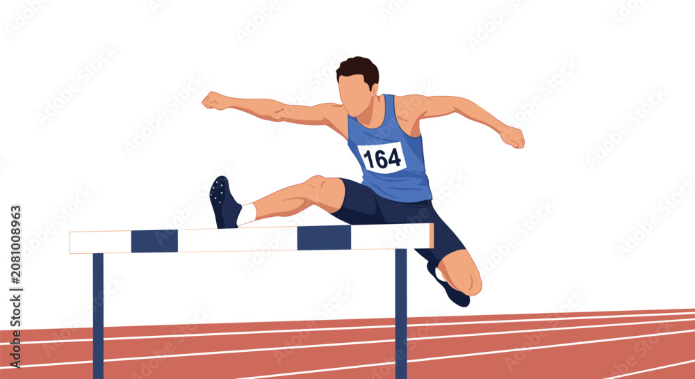 Obraz premium Professional male track athlete wearing a blue jersey and number 164 jumps over a hurdle during a competitive running race.