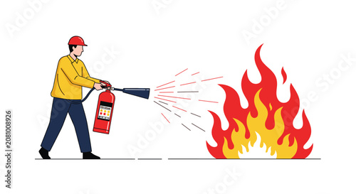 Brave firefighter in a yellow protective jacket and red helmet using a red fire extinguisher to put out a large roaring orange fire.