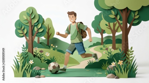 Paper cut man playing ball in nature for outdoor travel and environmental lifestyle concept, high quality commercial visual with