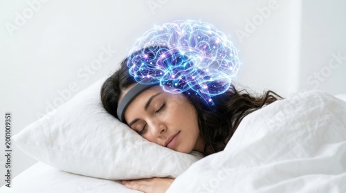 Person sleeping with a glowing neural brain visualization for technology innovation and health concept, high quality commercial