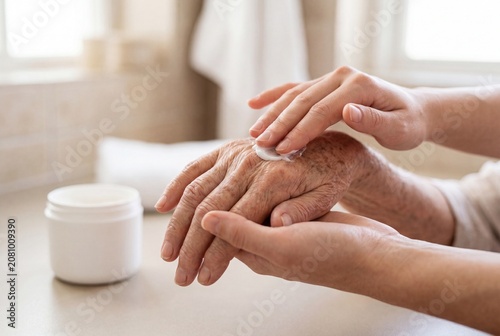Close view of younger hands applying cream to older hand beside soft window light, showing tender home care, skin treatment, hygiene, comfort, and supportive daily assistance for aging hands