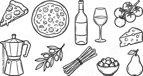 Bild auf Leinwand Collection of handdrawn italian food and wine illustrations transparent backgrou