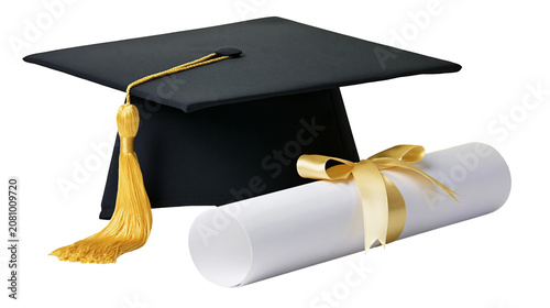 Bild auf Leinwand Black graduation cap with golden tassel and diploma scroll tied with ribbon, iso