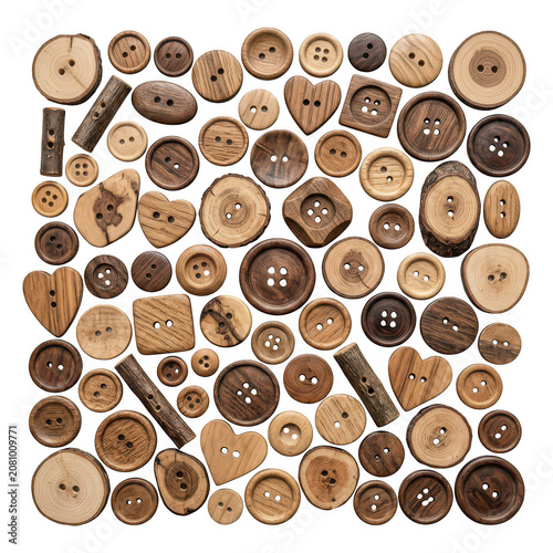 Assorted wooden buttons in various shapes and sizes isolated on a transparent background